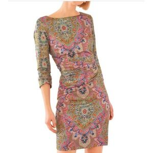 Gretchen Scott Womens S Paisley Ruched Sheath Dress 3/4 Sleeve Green Multi Color